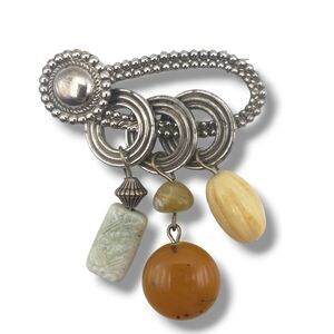 Silver Tone Dangle Drop Acrylic Bead Art Brooch Pin Modernist Brutalist Vintage